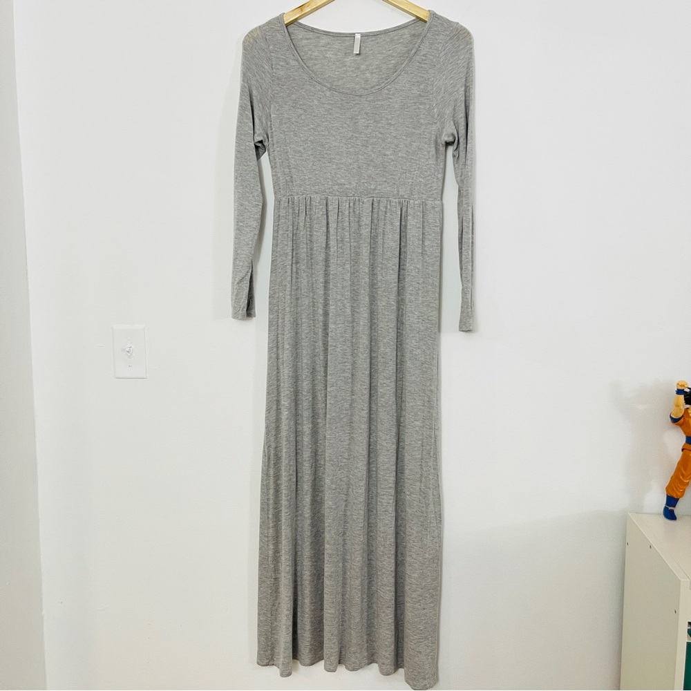 PINK BLUSH- Gray Maternity Maxi Dress with Sleeves- L